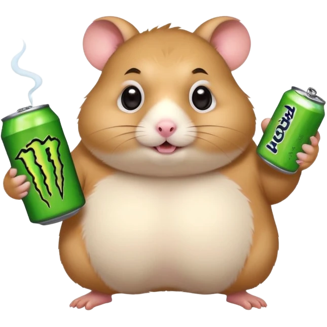 Funny cartoon-style fat hamster with big wide eyes  holding a can of monster energy in one hand and redbull in the other hand emoji