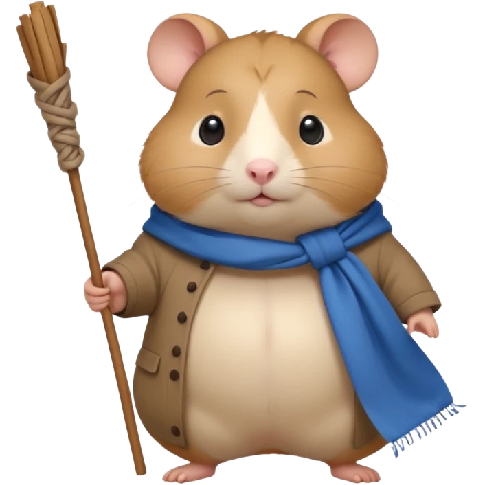 Cute fat cartoon-style hamster, standing upright like a traveler, carrying a stick with a tied blue cloth bundle (bindle) over its shoulder. Painted in a soft, hand-drawn style with light shading, expressive big eyes, and a slightly whimsical, melancholy expression. emoji