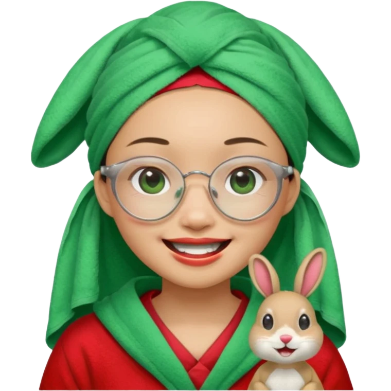 Asian woman wearing a green towel in her head with a broken glasses on her face in red pajamas her smile with rabbit front teeth and the cloth should be red emoji