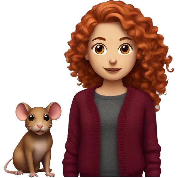 red-haired girl with long hair and curls styling in a burgundy sweater and a rat on her shoulder emoji