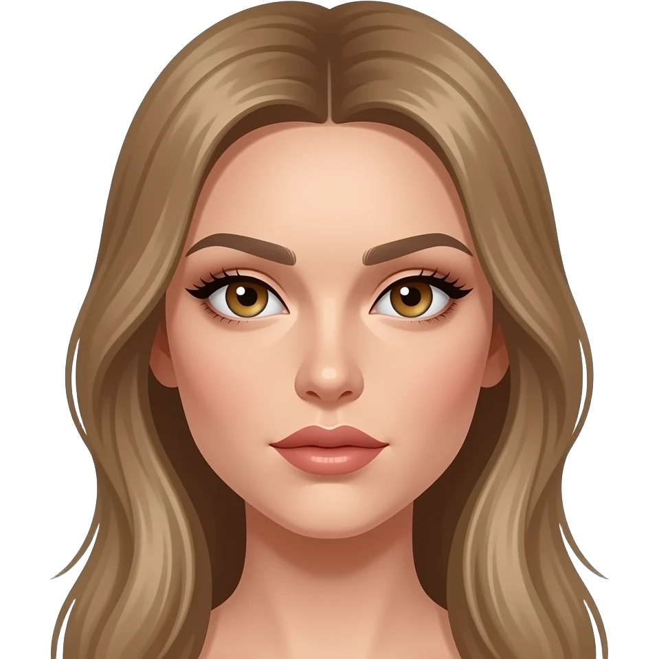 Woman with an oval face, light tan glowing skin, large almond-shaped hzel eyes with long lashes, light dark full arched eyebrows, straight slim nose, full lips with defined cupid’s bow, long light blondish brown smooth hair, symmetrical model-like face, elegant and slightly intense expression. emoji