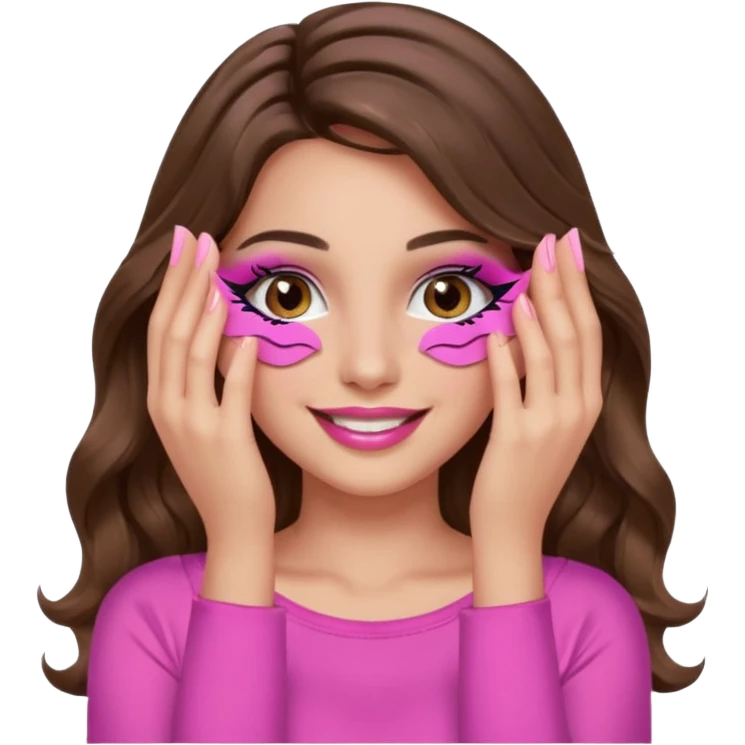 girl with long wavy brown hair, brown eyes, long lashes, makeup, sexy pink lips, light to medium complexion, wearing a pink sexy top, smiling, hands covering over the eyes emoji