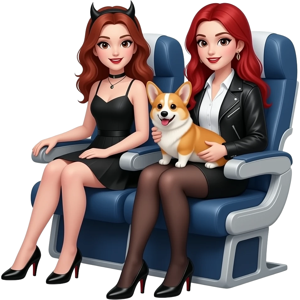 Vampiro femmina ADOLESCENTE con pelle bianca e capelli rossi indossa una gonna nera, una camicetta bianca, una giacchetta nera e dei tacchi neri seduta su un sedile di un aereo con in braccio il  suo Corgi che parla con una sua amica VAMPIRA femmina seduta accanto a lei emoji
