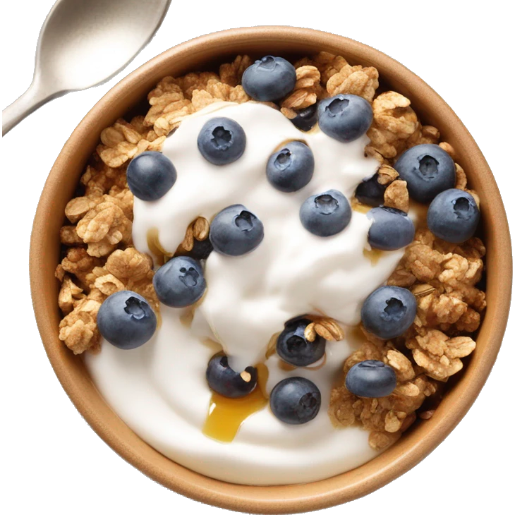 Yogurt in a bowl with granola and blueberries topped with honey drizzle  emoji