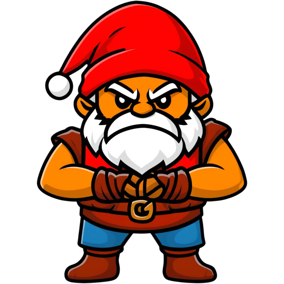 Grumpy dwarf character with angry expression, white beard, red hat, and arms crossed emoji