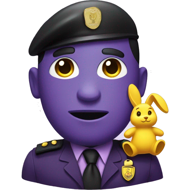 Purple man with black eyes and a smile  a purple security guard outfit with a dark tie and a yellow rabbit pin on his shirt emoji