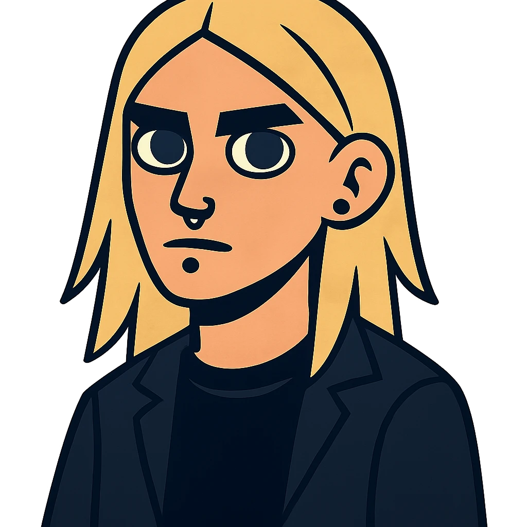boy with long light blonde hair, dark blue eyes, facial piercings, all black clothing emoji