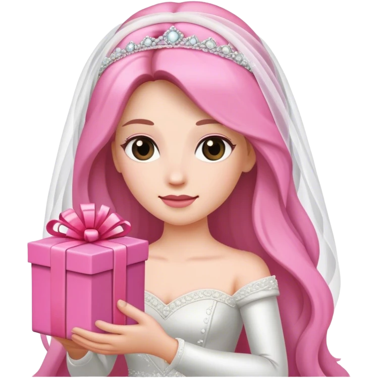 bride with long hair and pink gift in hands emoji