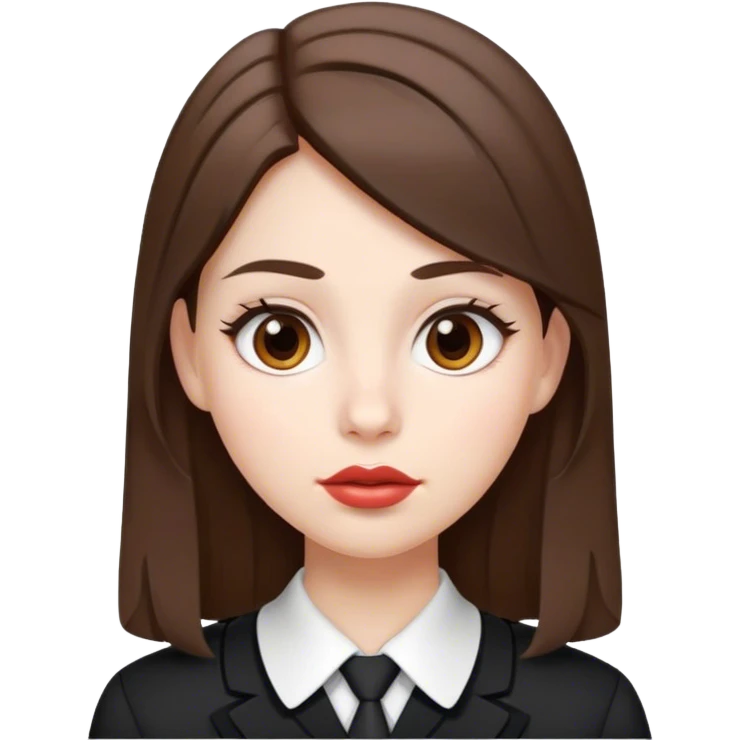 IOS emoji women, White skin, medium-length brown hair, brown eyes, big lips, in black and white school uniform emoji