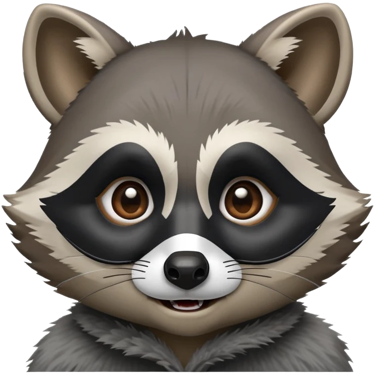 Cinematic-Comical-Raccoon-Portrait-Emoji – Head tilted dramatically with an exaggeratedly amused expression, featuring a fluffy grey coat with a signature black "bandit" mask, wide, mischievous brown eyes filled with playful disbelief. emoji