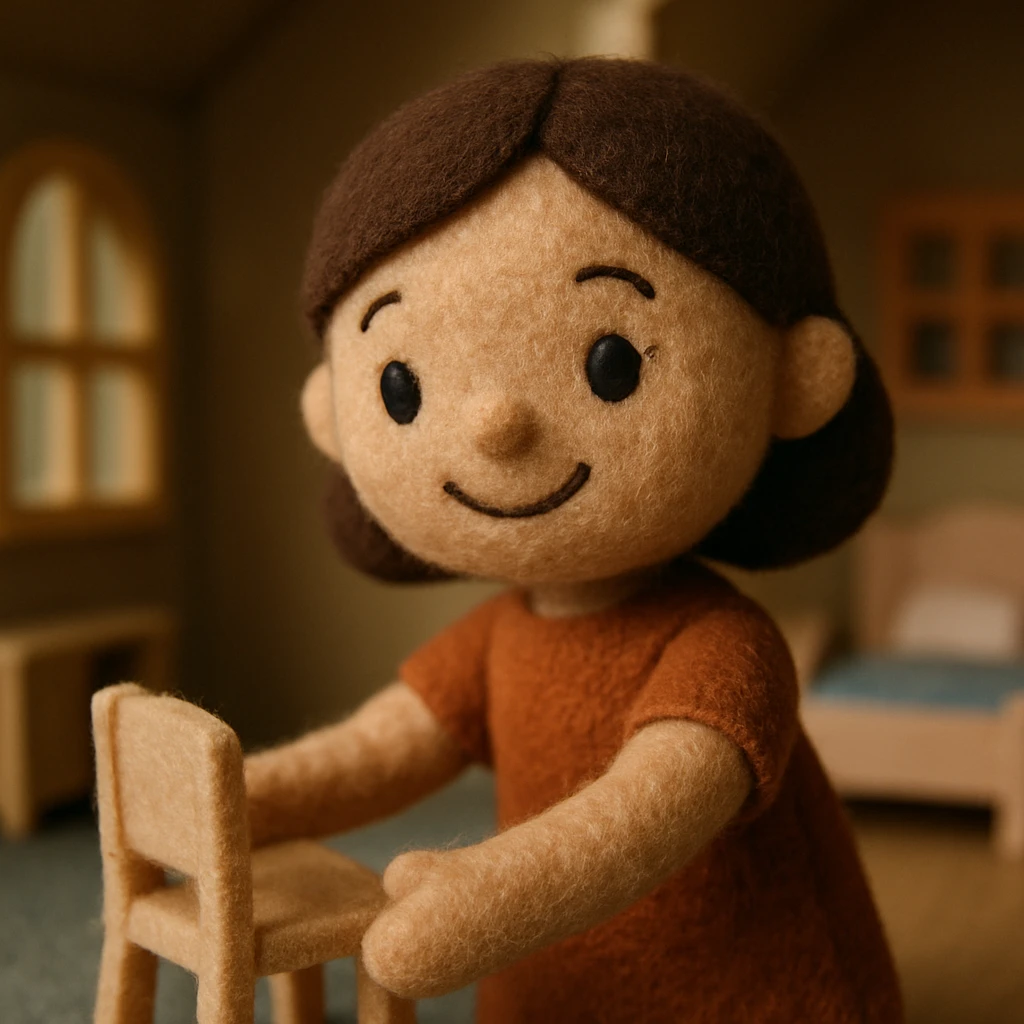 smiling girl arranging furniture in doll house emoji
