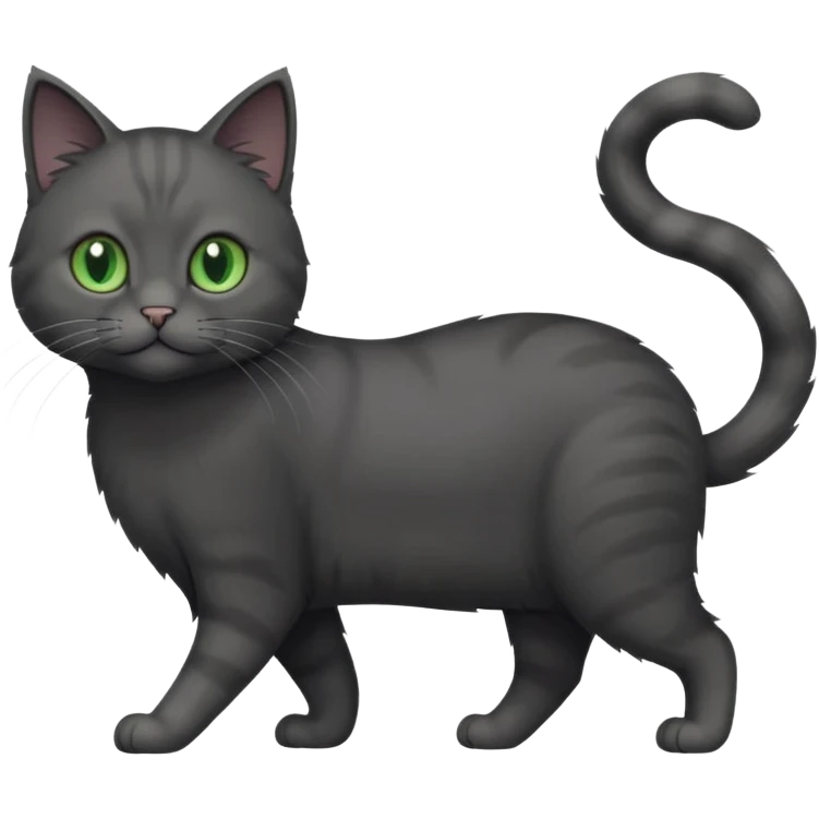full body solid dark grey cat with green eyes, white paws and white whiskers walking emoji