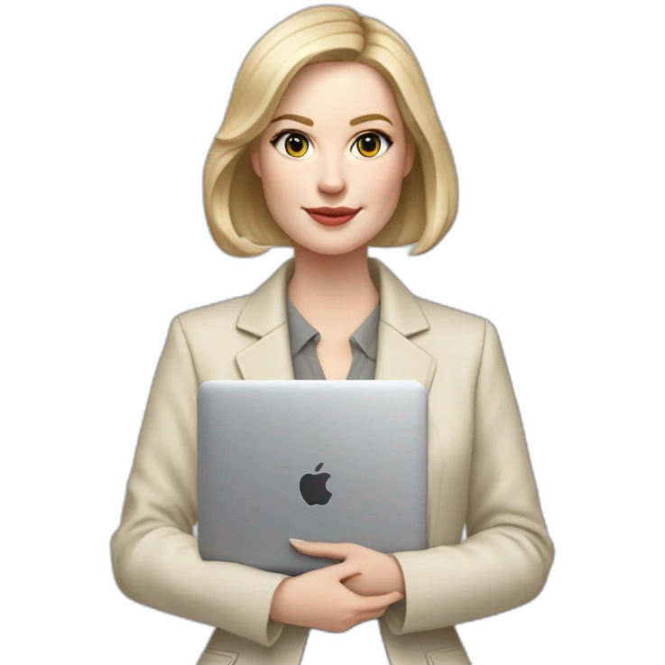 pale skin woman with ash blonde Straightened bob Hair, White Spacious classical jacket, beige palazzo Arrow pants and gray blouse holding a MacBook in the hands emoji
