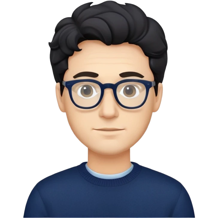 Caucasian man with black wavy hair wearing glasses and a long sleeve navy blue sweater emoji