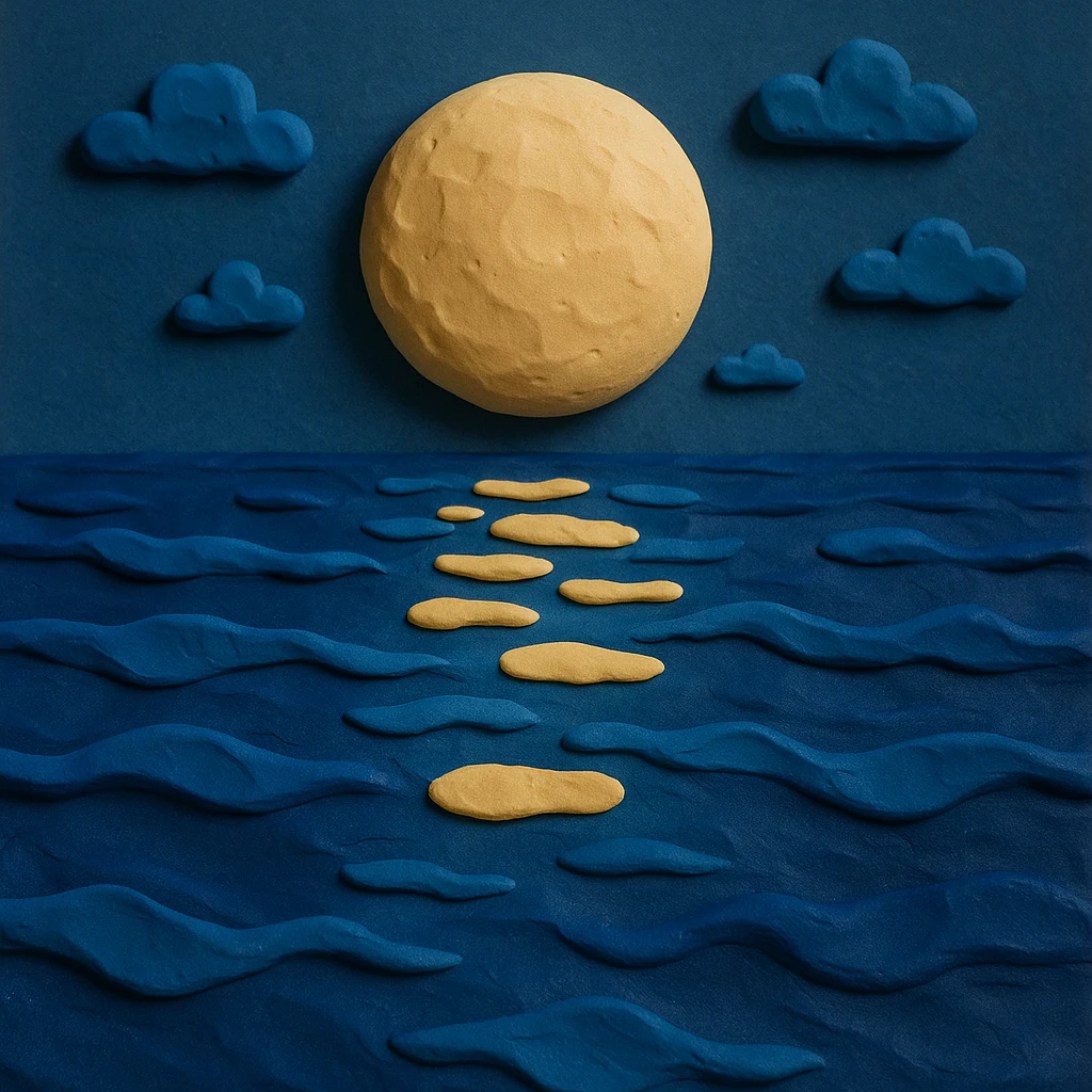 moon reflecting on the sea, style 7, claymation style matte plasticine moonlight reflection on sea emoji