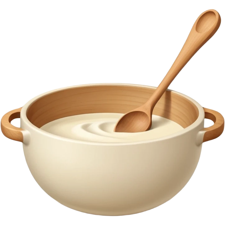 a cream ceramic mixing bowl with a wooden spoon stirring emoji