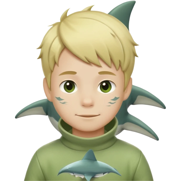 Blonde boy with short hair with a matcha shark costume emoji