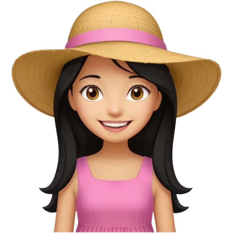 Girl in pink dress and sunhat smiling, black 2 string dress, blakc hair emoji