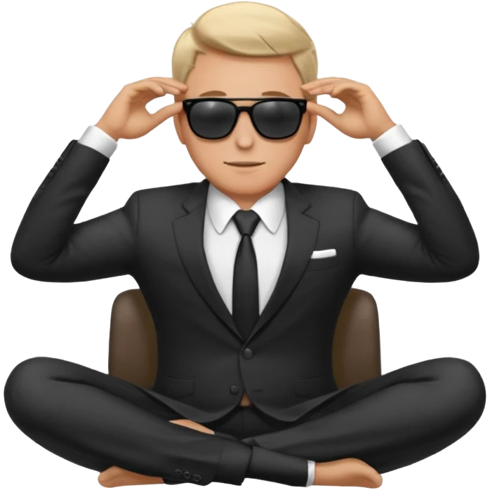 white man in formal suit wearing sunglasses resting with hands behind head emoji
