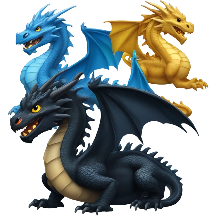 a big black dragon with a big blue dragon that is slightly smaller and then a golden small dragon in front emoji