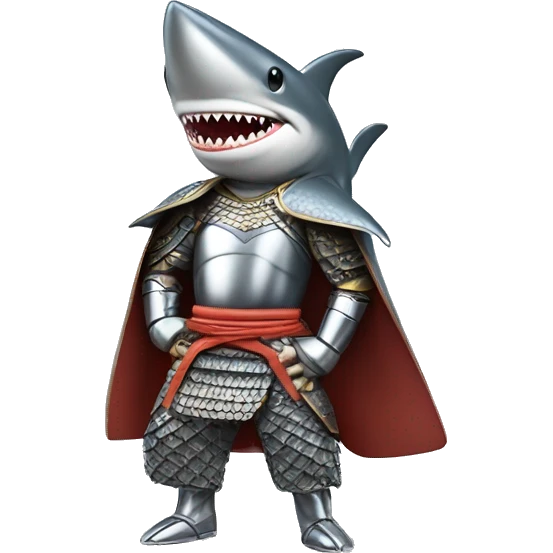 A fully chromed figurine of a shark in a samurai outfit. emoji