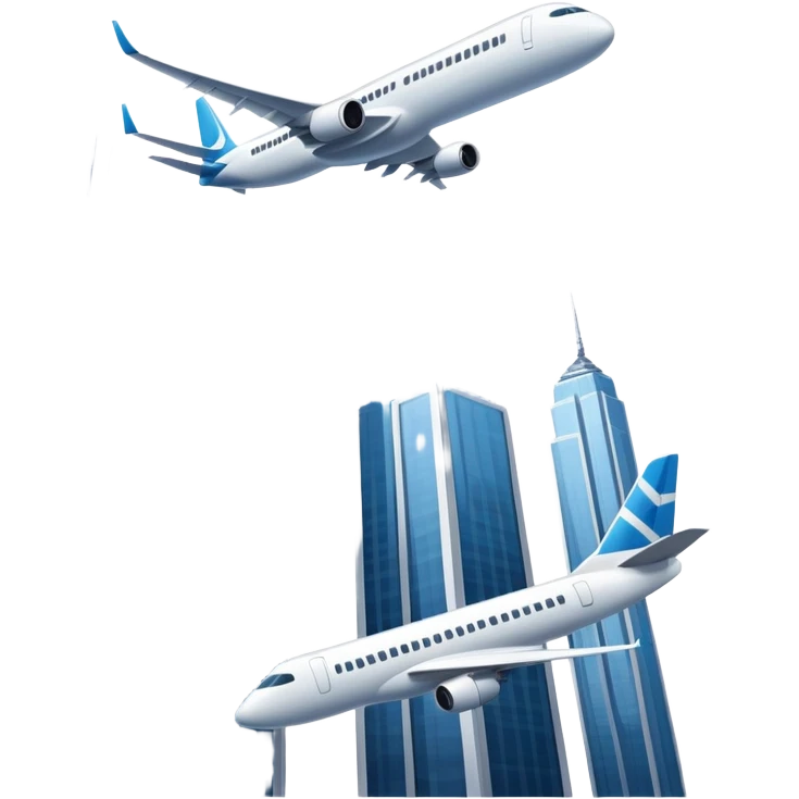 two skyscrapers and a plane flying towards them emoji