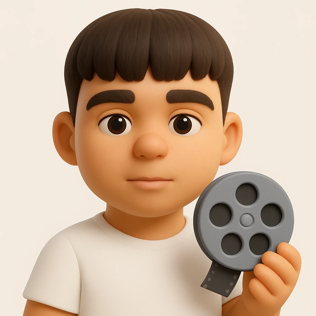 Create a 3D emoji style image of the person in the reference photo, wearing a white shirt and holding a cinema symbol such as a film reel or clapperboard. The style should emulate the microsoft style 3d fluent emojis with a focus on 3D appearance and details. emoji