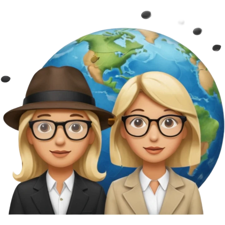One man with hat and glasses and one blonde woman and music notes on top of world  emoji