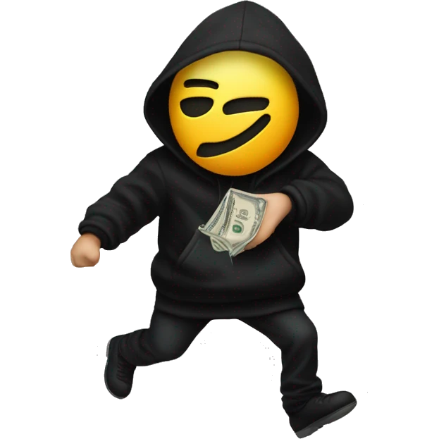Thief wearing all black clothes actively stealing a money bag with the words Top Tier embroidered on it emoji