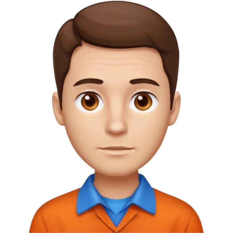 male, white skin, brown hair, brown eyes, orange shirt and blue collarbone, no wrinkles emoji
