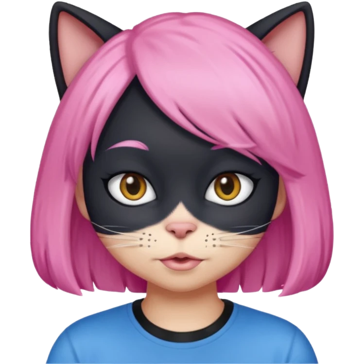 Black cat wearing a pink hair wig, blue T-shirt emoji