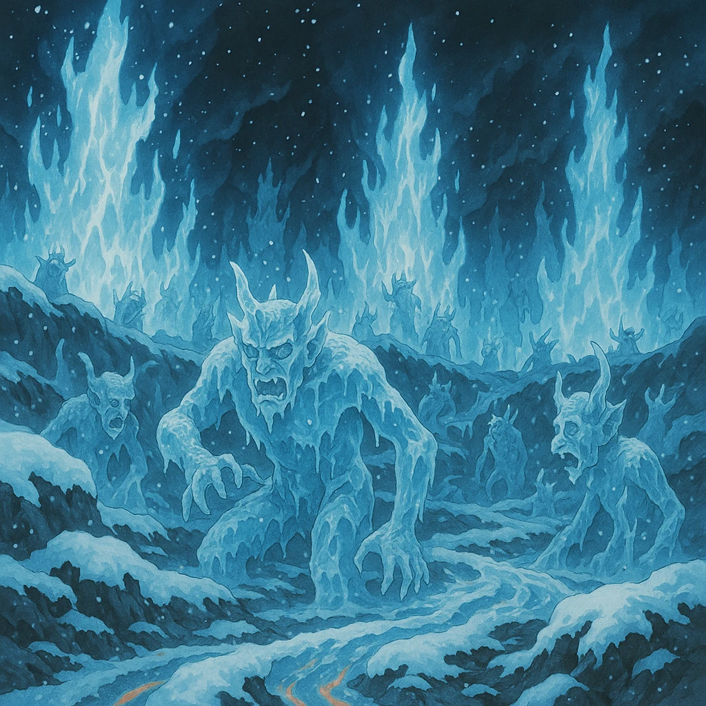 a dramatic scene of hell freezing over, with icy flames, frozen demons, and snow-covered lava, in ghibli style, highly detailed, atmospheric emoji