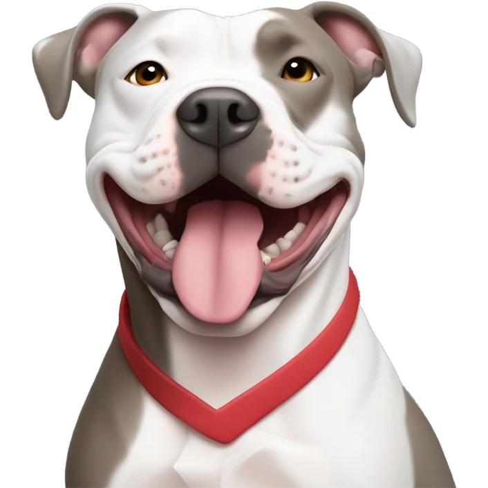 large gray male pit bull smiling and hugging bald white mature man no beard blue eyes with red tshirt emoji