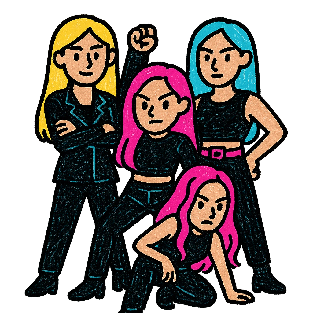 a kpop group, sleek black outfits, powerful pose, pop colors style emoji