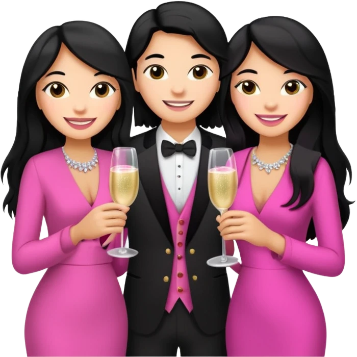 3 besties with professional glammed up looks wearing pink, medium skin tone smiling big with black long hair  emoji