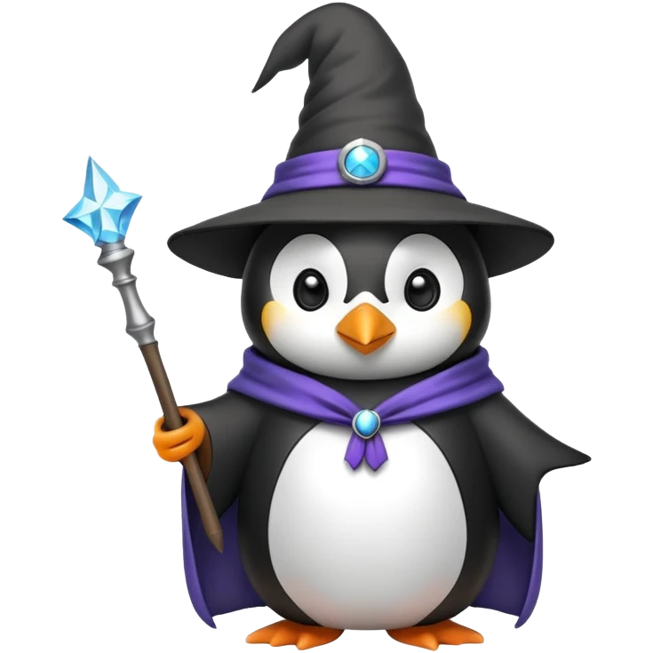 Penguin wearing a wizard hat and robe, holding a magic wand emoji