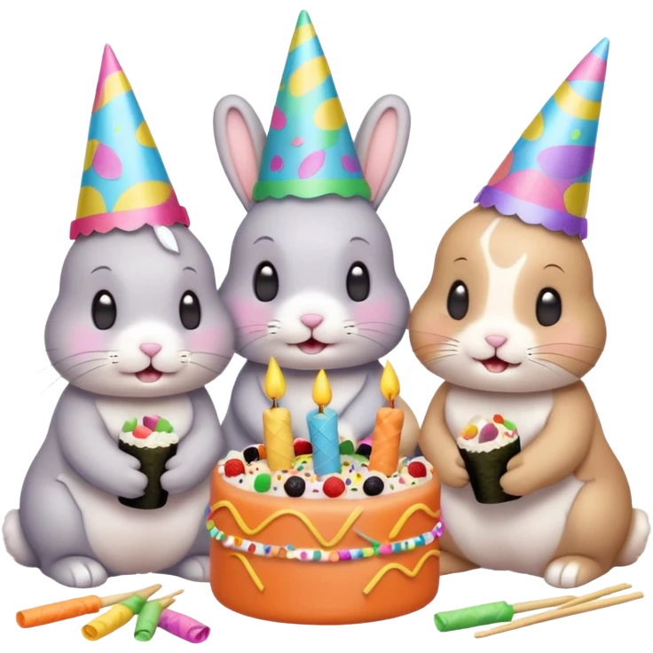 four bunnies together eating sushi at a birthday party, pastel colors, cute, party hats, streamers, confetti, sushi, birthday cake, festive, varied arrangement, emoji style, all four bunnies clearly visible emoji