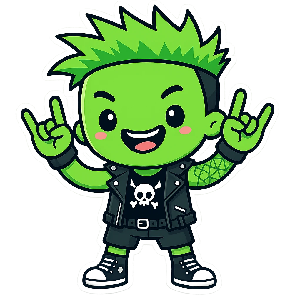 smiling punk guy with green irochese showing horns (sticker style) emoji