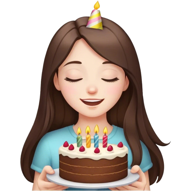 happy beautiful pale brunette girl with long eyes closed hair holding a piece of birthday cake  emoji