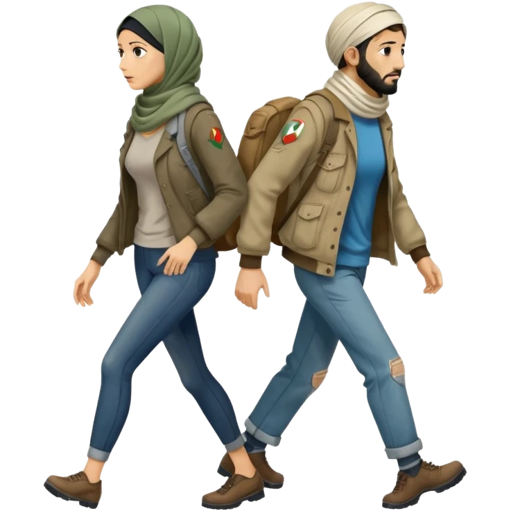 
Iranians fleeing war, full length, in profile, man and woman emoji