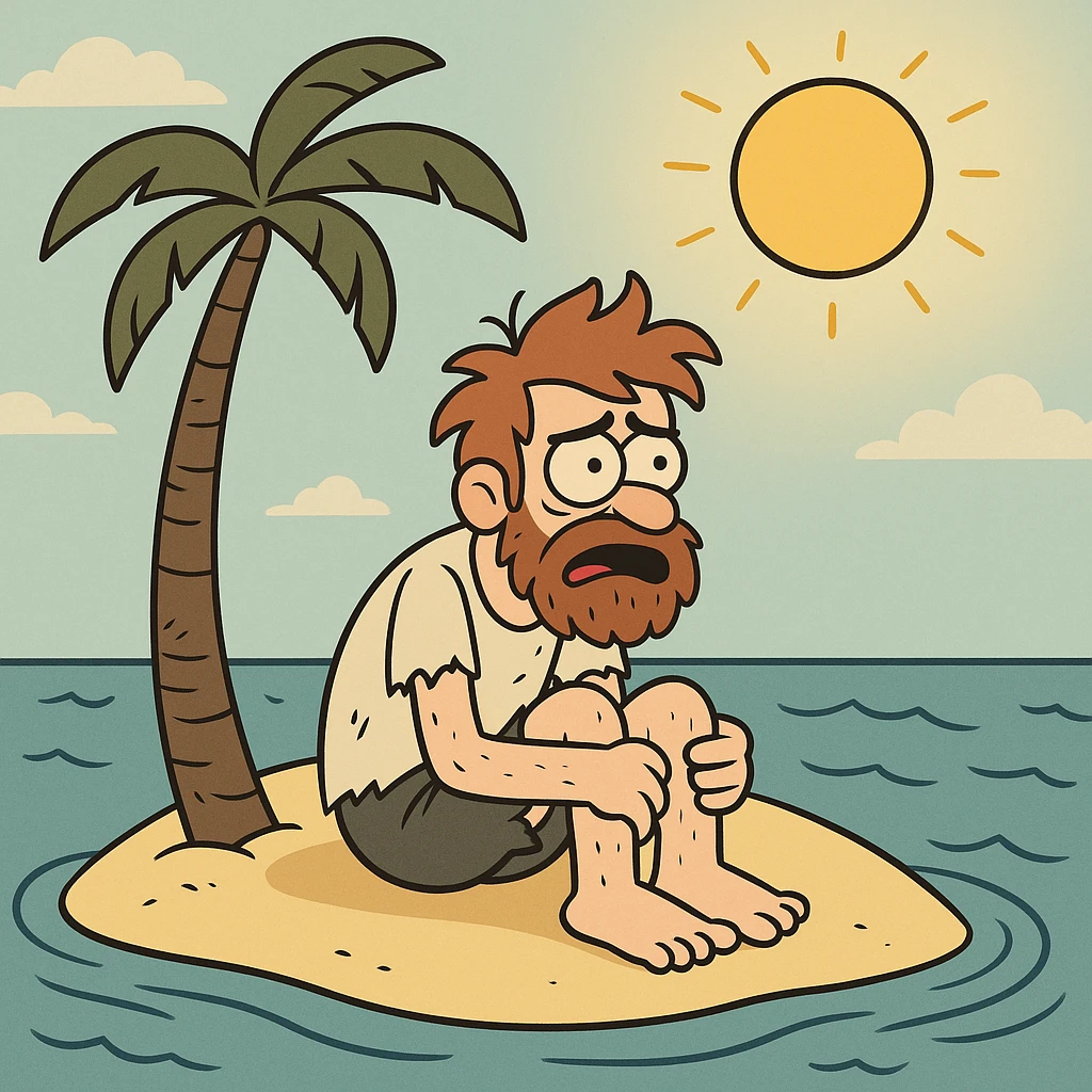 stranded man on island with sun overhead in flat toon style emoji