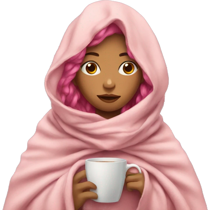 girl inside a blanket sipping coffee eyes closed pink hair emoji