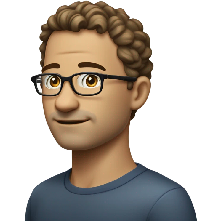 Man with short, slightly curly hair (very short on the sides with some curl on top). Blue eyes, good looking, but slightly large / strong nose and slightly large ears. Medium small, rectangular rimless glasses emoji