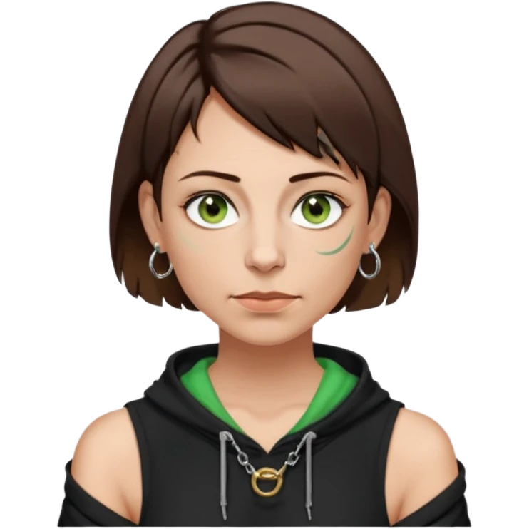 a girl in her 40s, short brown hair with sidelocks going to her chin, green-brown eyes, wearing one shoulder black hoodie and tanktop, septum ring, 3 rings in left ear, 2 in right ear emoji