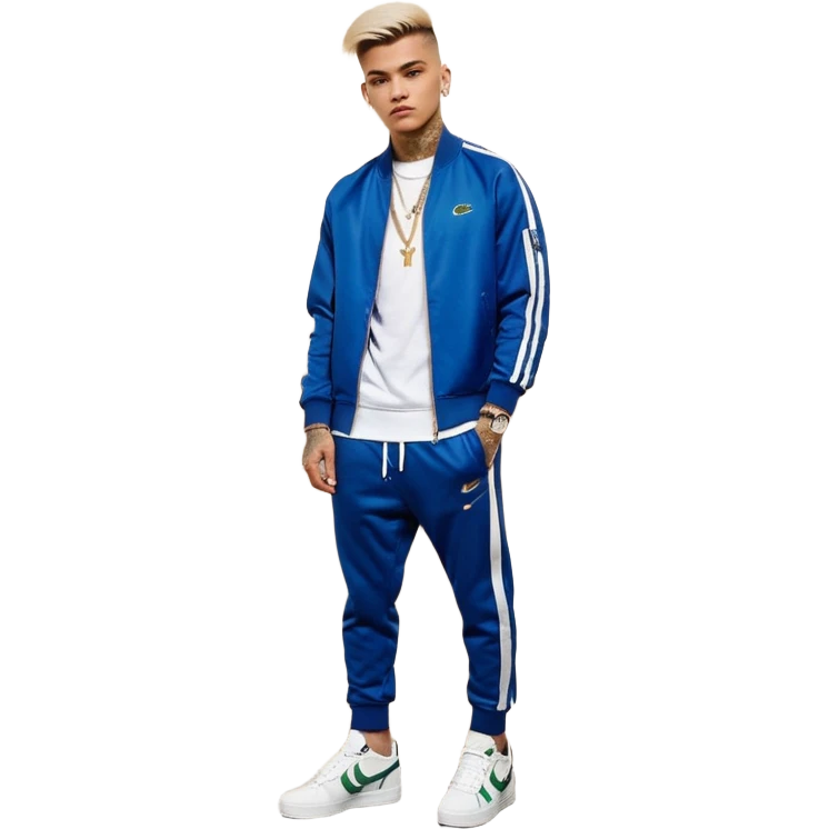 Capelli rasati ai lati con sfumatura, sopra corti e fissati con gel. Look curato e deciso. Indossa tuta firmata (Nike, Adidas, Lacoste, EA7) o jeans skinny, scarpe vistose come Air Force 1. Sempre presenti borsello a tracolla e collana d’oro E tatuaggi d’appertutto emoji