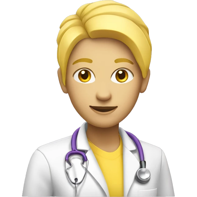 IOS-style emoji a yellow-skinned health worker, she has yellow hair, yellow skin, a purple shirt, and a white jacket, she is wearing a stethoscope. Minimalism concept. Vector Style. Subtle Shading. Subtle 3D style look emoji