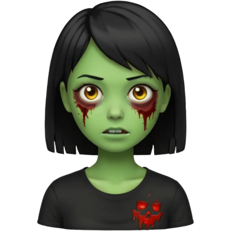 Emoji zombie girl verde com cabelo preto liso  curto com franja pro lado com uma blusa preta emoji