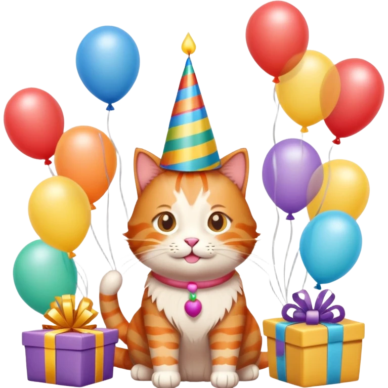 Ginger cat celebrates birthday, birthday hat, birthday cake, balloons, happy, gifts emoji