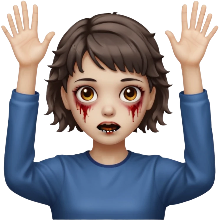 Cabelo ondulado  um pouco cheio e franja curta  Olhos marrons e pequenos e feita d ezumbi mais bonita com cabelo amarro na e com as mãos assim tipo assim🧟‍♀️ emoji