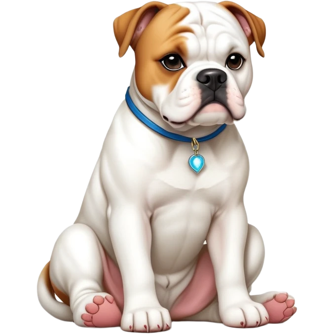 cinematic-[american bulldog]-realistic-full-body-sitting-emoji,-tail-resting-loosely-beside-its-paws,-head-tilted-dramatically,-sleek-[solid white]-fur,-simplified-yet-realistic-focused-features,-highly-detailed,-glowing-with-an-almost-sarcastic-glow emoji